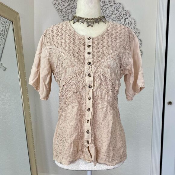 Boho Cottagecore Milkmaid Cream Tan Embroidered Lace Button Down Blouse Top OS - Picture 6 of 7
